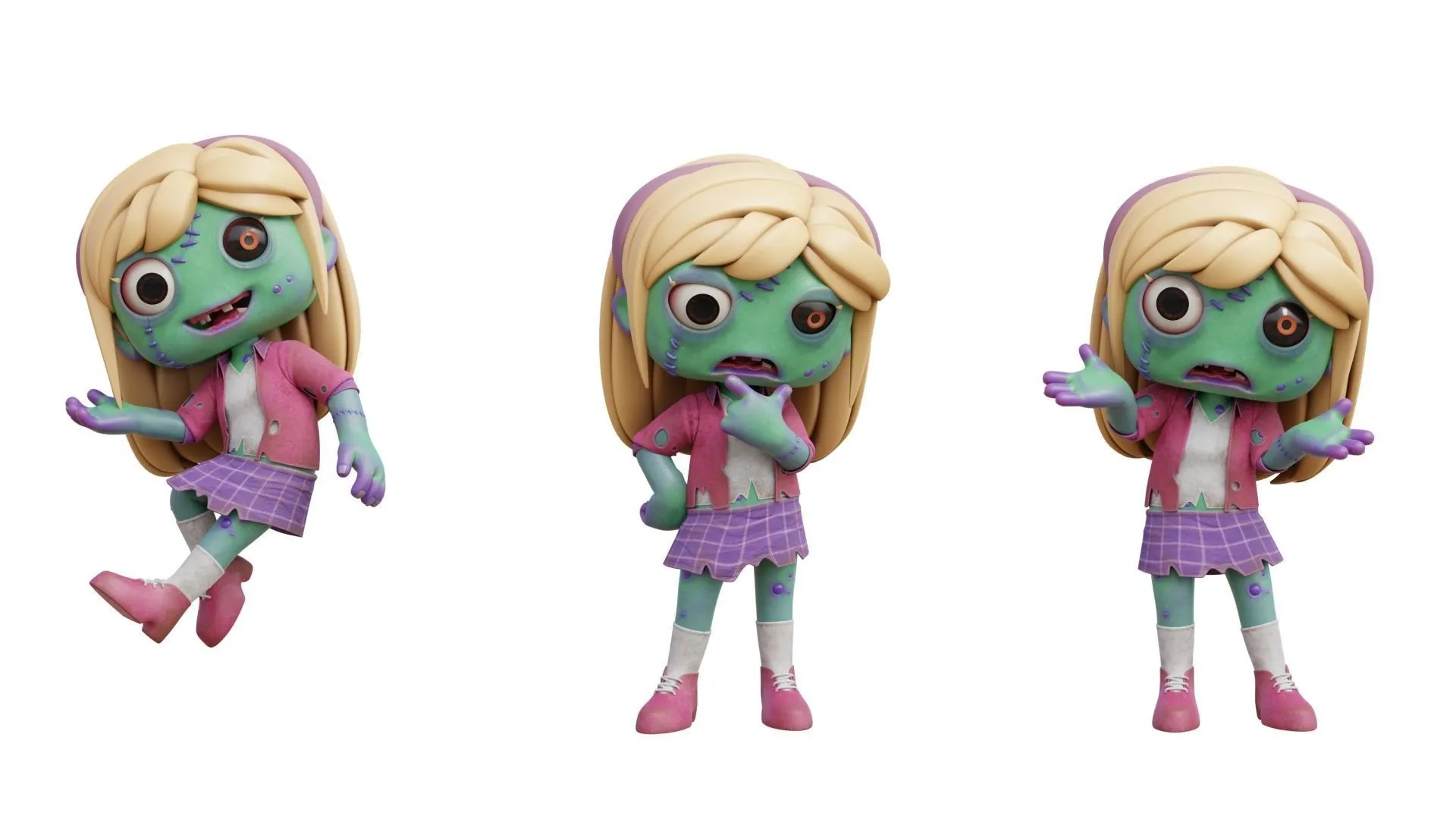 Cartoon Female Zombie rigged 3D character in different pose
